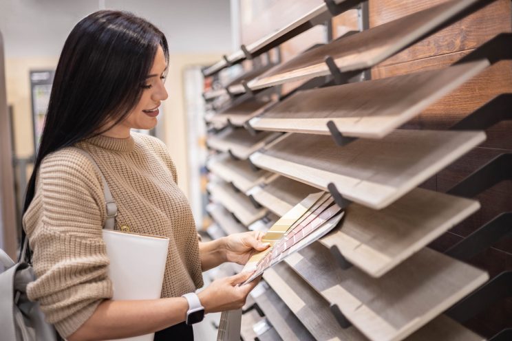 brunette woman choosing grout colours compared against tiles