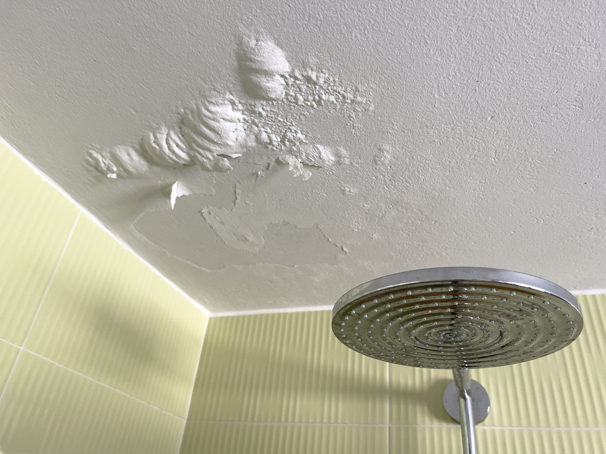 roof over shower with bubbling paint